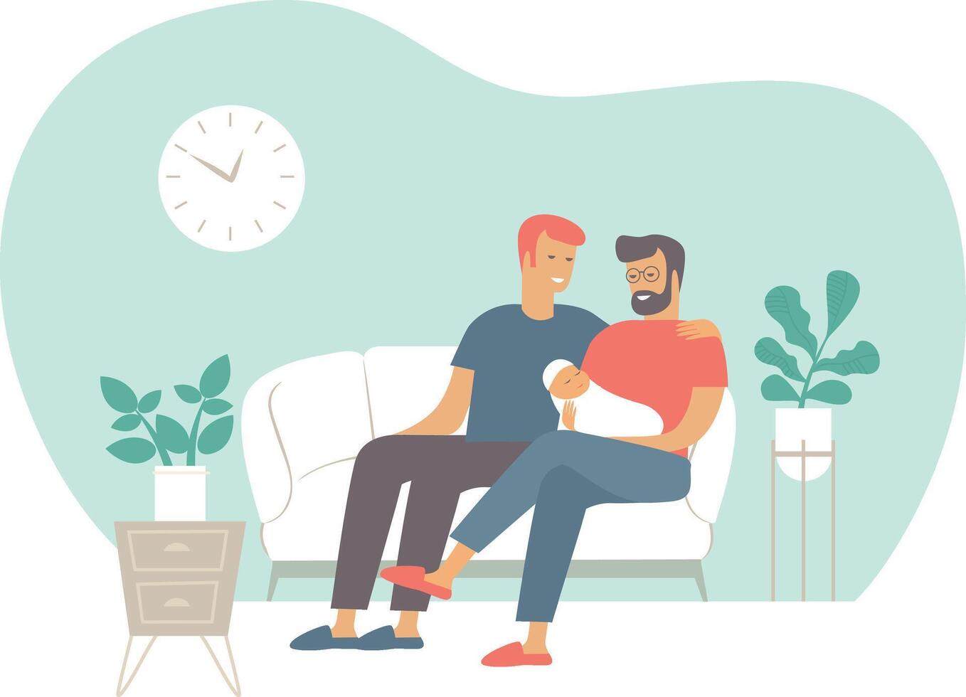 Two men sitting on a couch with a baby vector