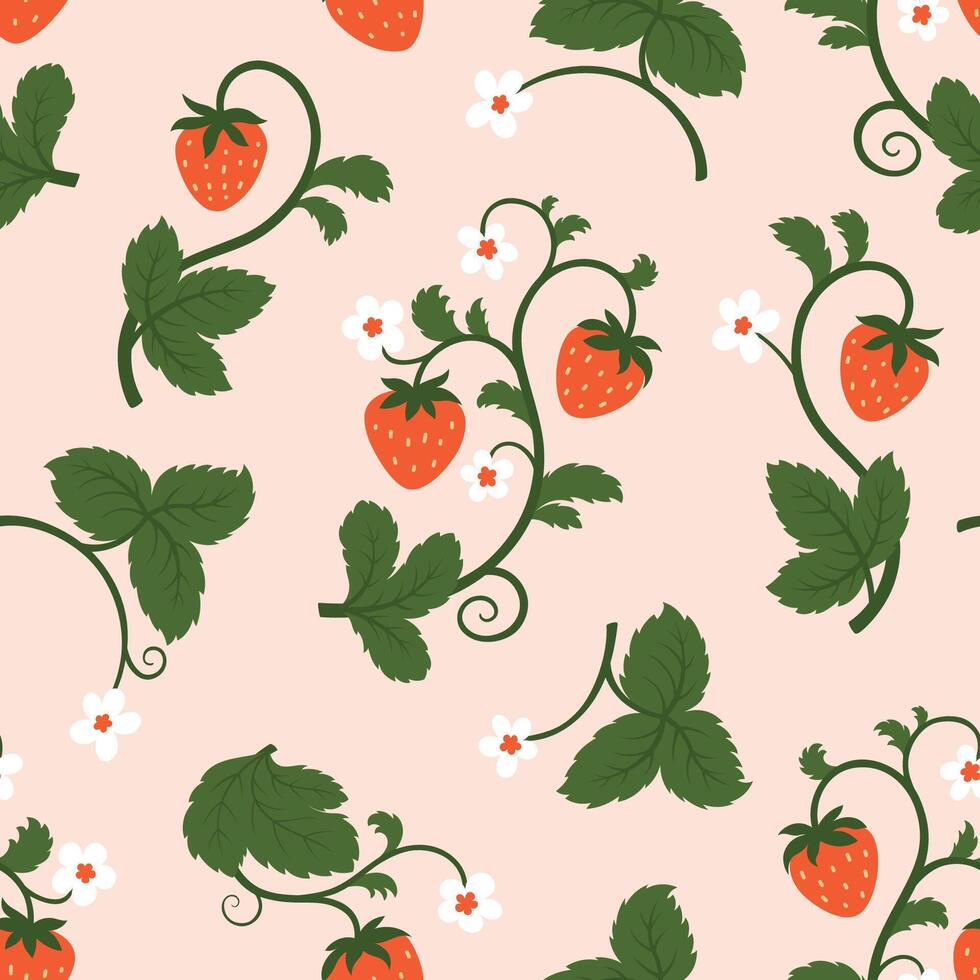 Ripe Strawberry Seamless Pattern with Branches, Berries, Flowers and Leaves on Light Pink Background. Cute Summer Fruit Design for Fabric, Wrapping Paper, Kitchen Textile or Packaging vector
