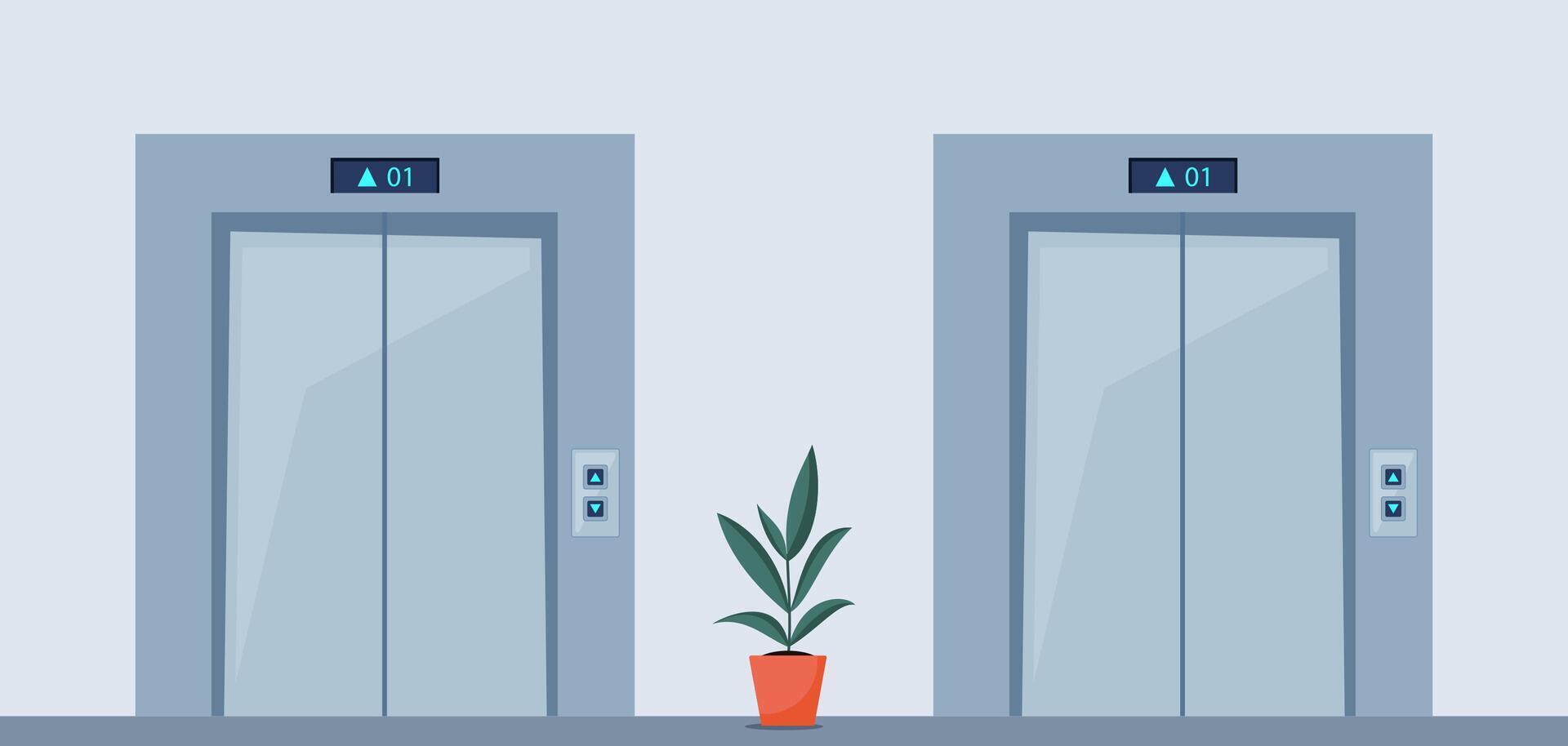 Elevator doors, close lift cabin entrance with chrome metal buttons panel, empty building white hallway interior, office vestibule, hotel or lobby. Illustration vector