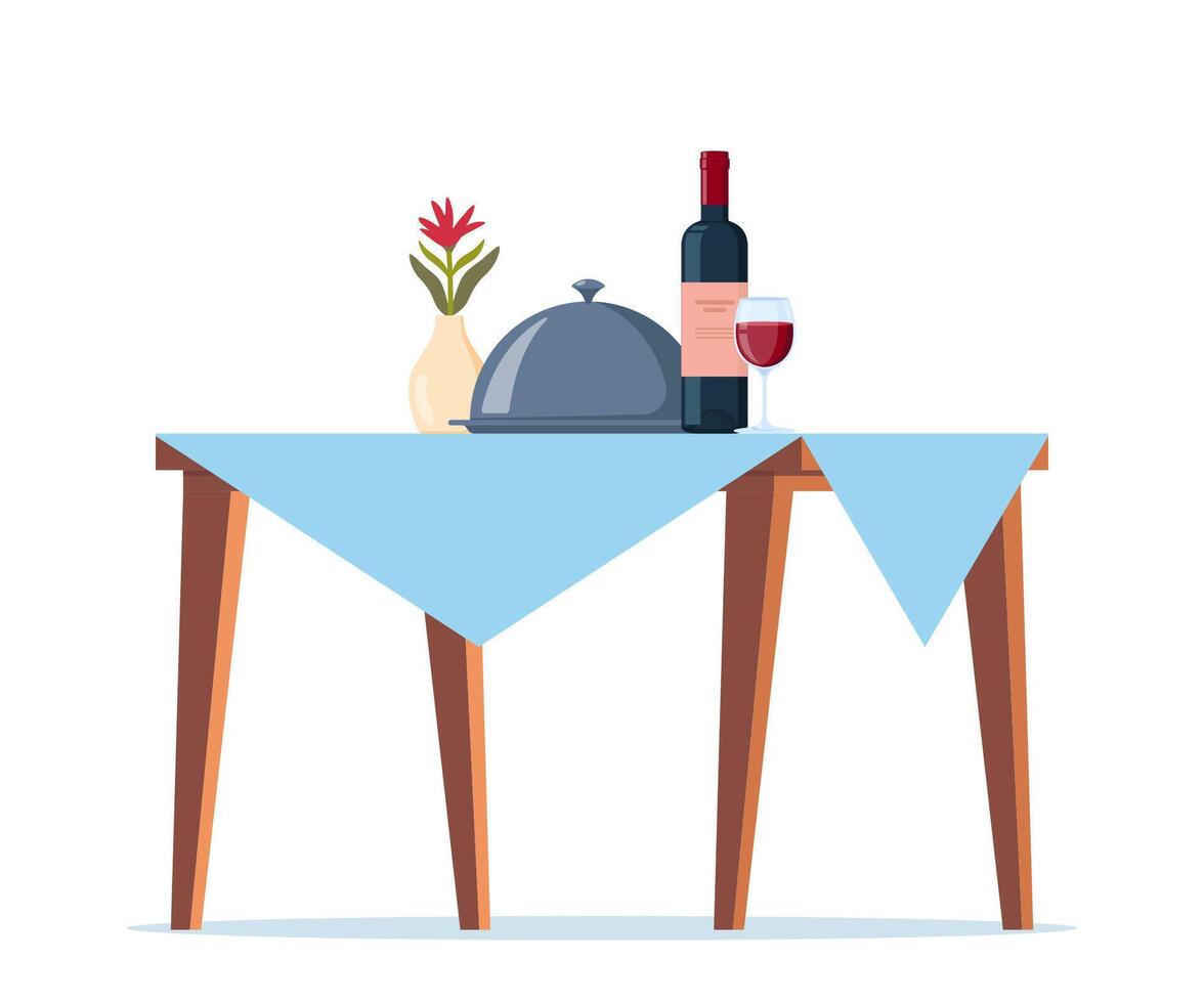Bottle, wine glass and food on tray on table, Romantic dinner concept, restaurant dinner service. Bottle of wine and tray with lid. illustration. vector