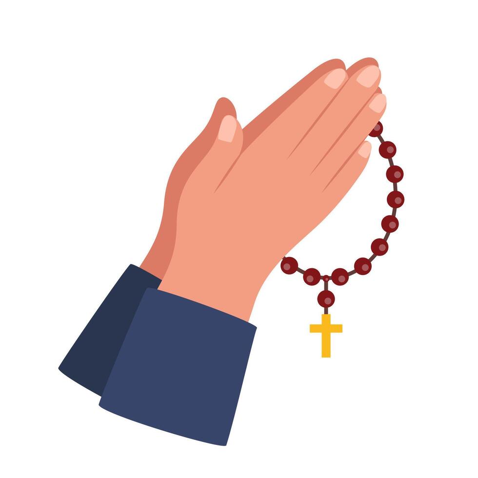 Praying hands holding brown wooden catholic rosary beads. Religious symbols. Praying symbol. Hands prayer vector