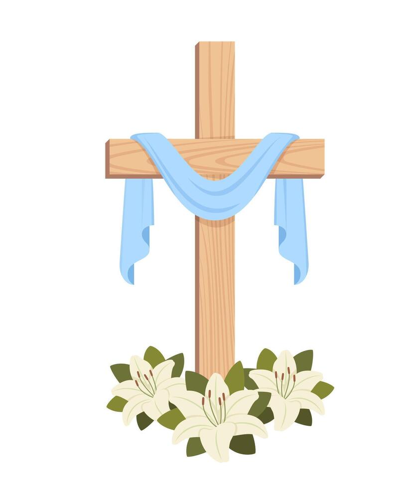 Cross of Jesus Christ, lily flowers. Happy Easter. Christian card template. He has risen. illustration. vector