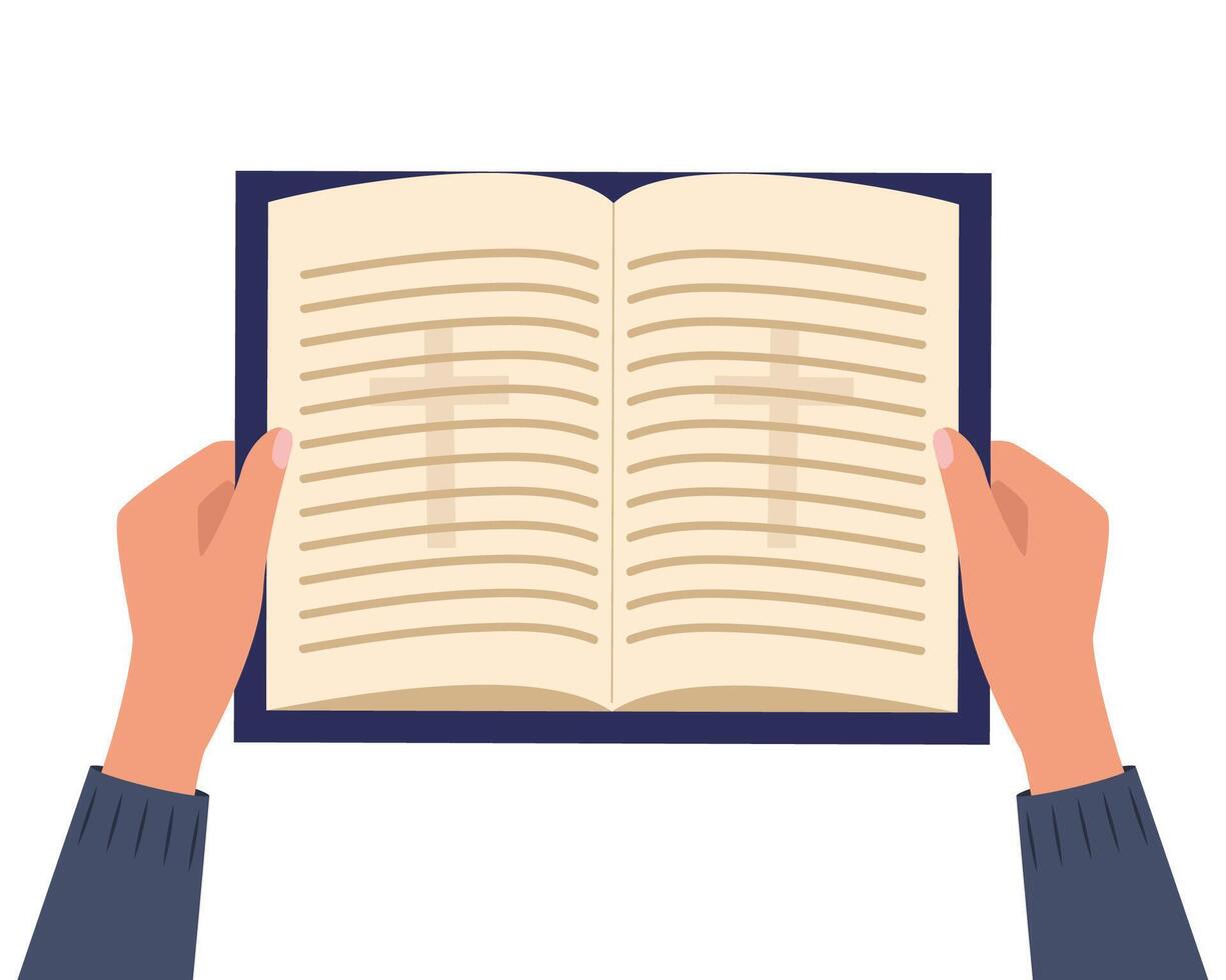 Christian Holy Bible Book in human hands. Bible books that open. Religious Text Containing Stories And Prophecies. illustration. vector