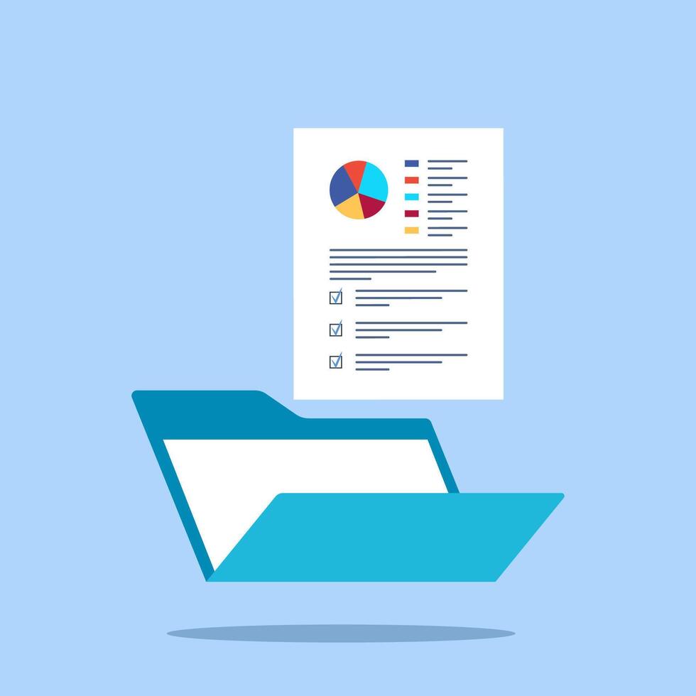Open folder and documents, statistical data with charts, diagrams. Workplace documents for financial statistics, reporting, strategy development. Data analysis. illustration. vector
