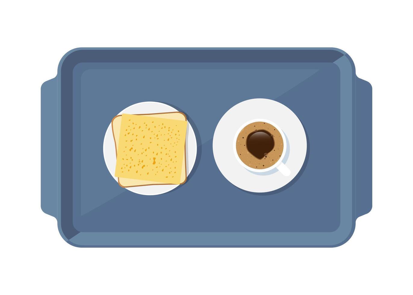 Coffee, toast with cheese on plastic tray, top view. Meal tray with food for breakfast. illustration. vector