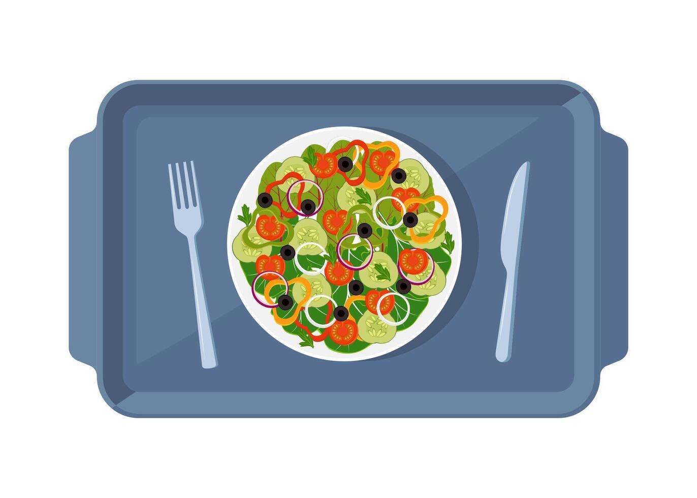 Meal tray with food for lunch, top view. Knife and fork. illustration. vector