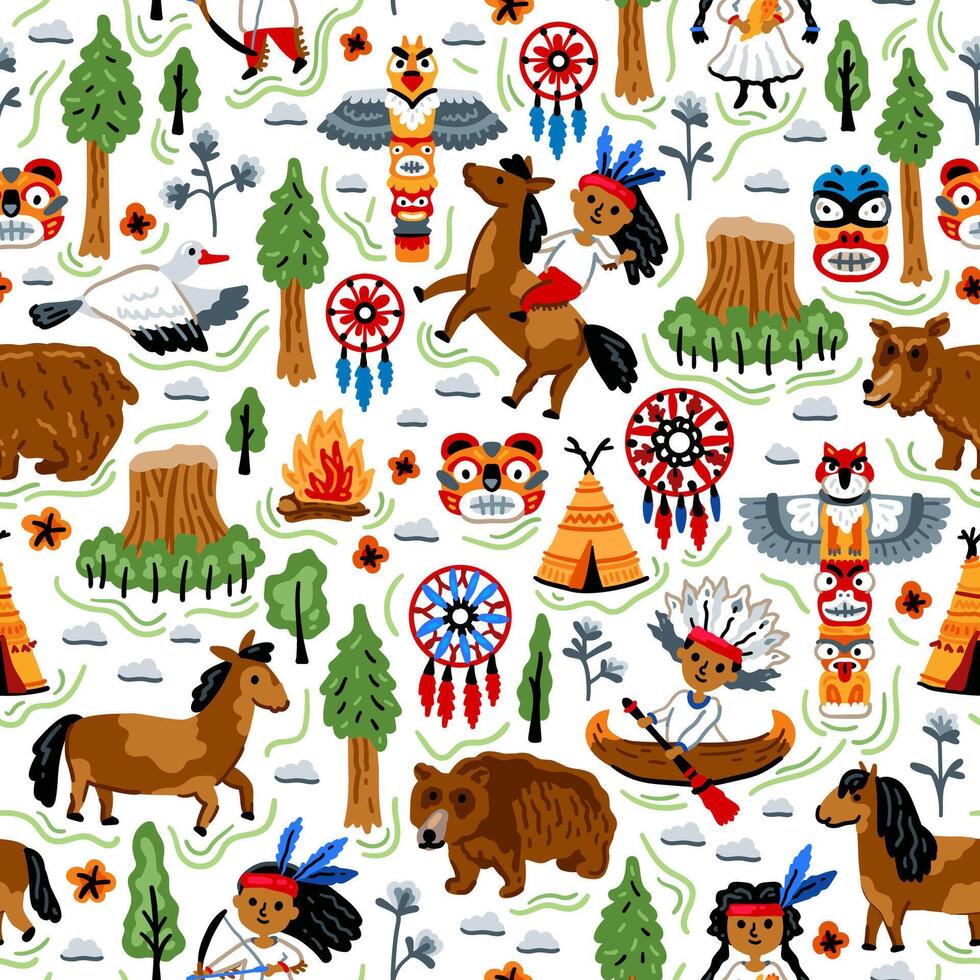 Bright cheerful children seamless pattern with American native indians. Childish background. Cheerful characters with animals and plants. Totem, eagle, horse vector