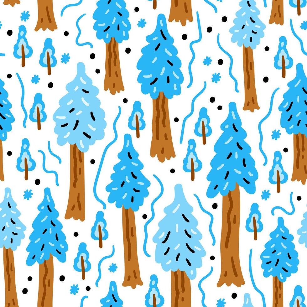Bright forest funny cartoon seamless pattern. Nature cheerful children trees background. For children textiles, hand-drawn for babies. Northern winter forest vector