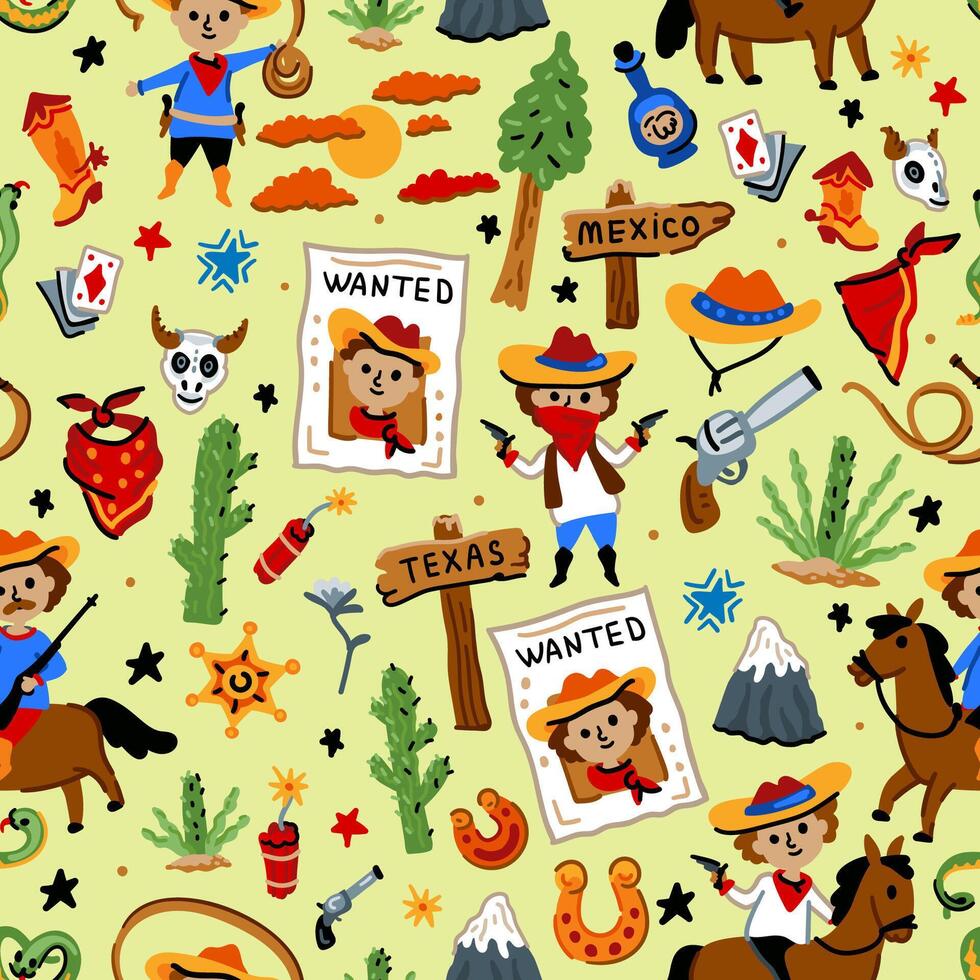 Bright children seamless pattern with American western cowboy from wild west rural Landscape. Childish background. Wild West. Texas. Cheerful characters with animals vector