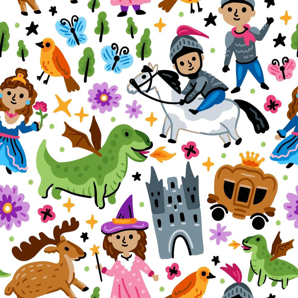 Bright seamless pattern with fairy tale characters. Middle Ages magic legends Kingdom elements. Childish background. Princess, Knight, Castle and fairy, Dragon vector