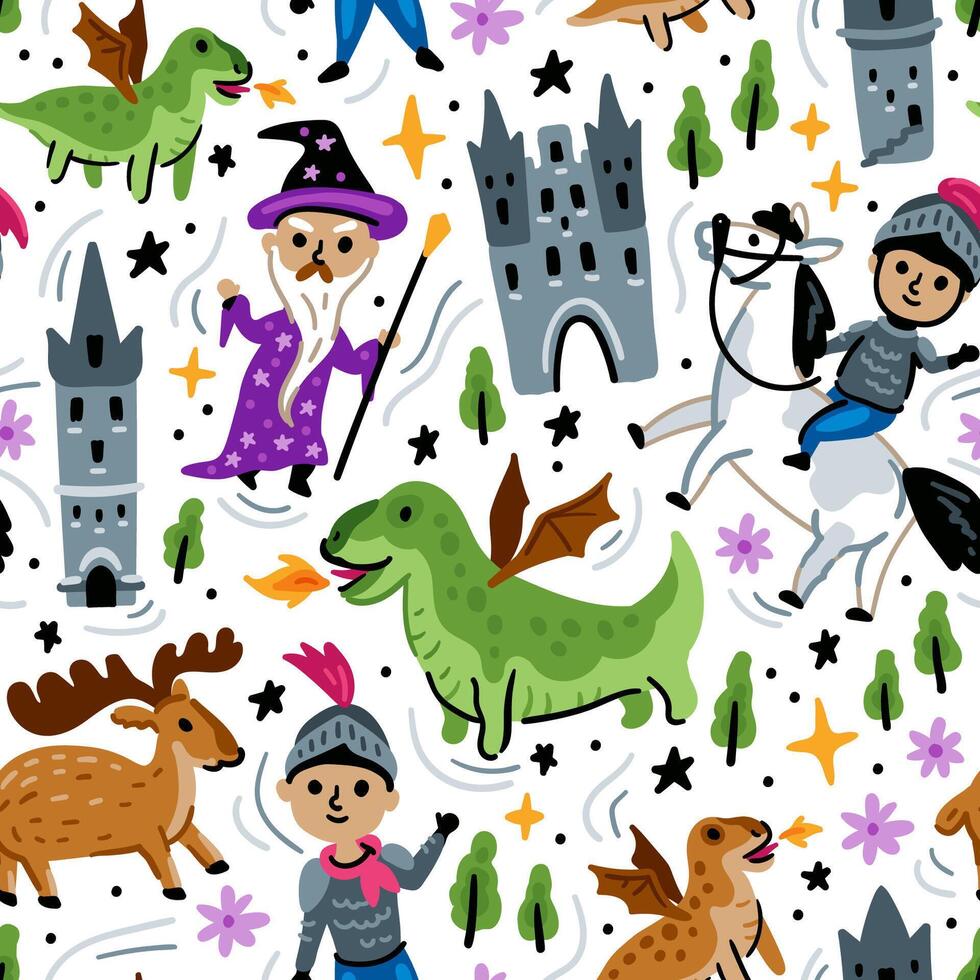 Bright seamless pattern with fairy tale characters. Middle Ages magic legends Kingdom elements. Childish background. Knight, Castle and Wizard and Dragon vector