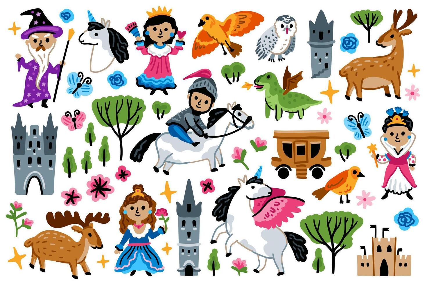 Big Middle Ages collection of magic children fairy tale characters. Cartoon legends Kingdom elements. Childish background. Princess, Knight, Wizard, Castle and unicorn and Dragon vector