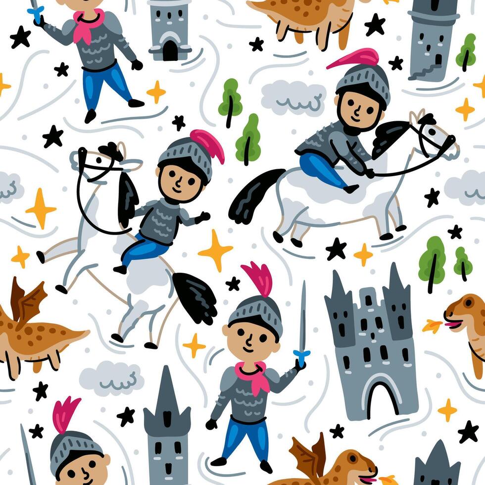 Bright children seamless pattern of fairy tale characters. Childish background of little knight cartoon with dragon and castle vector