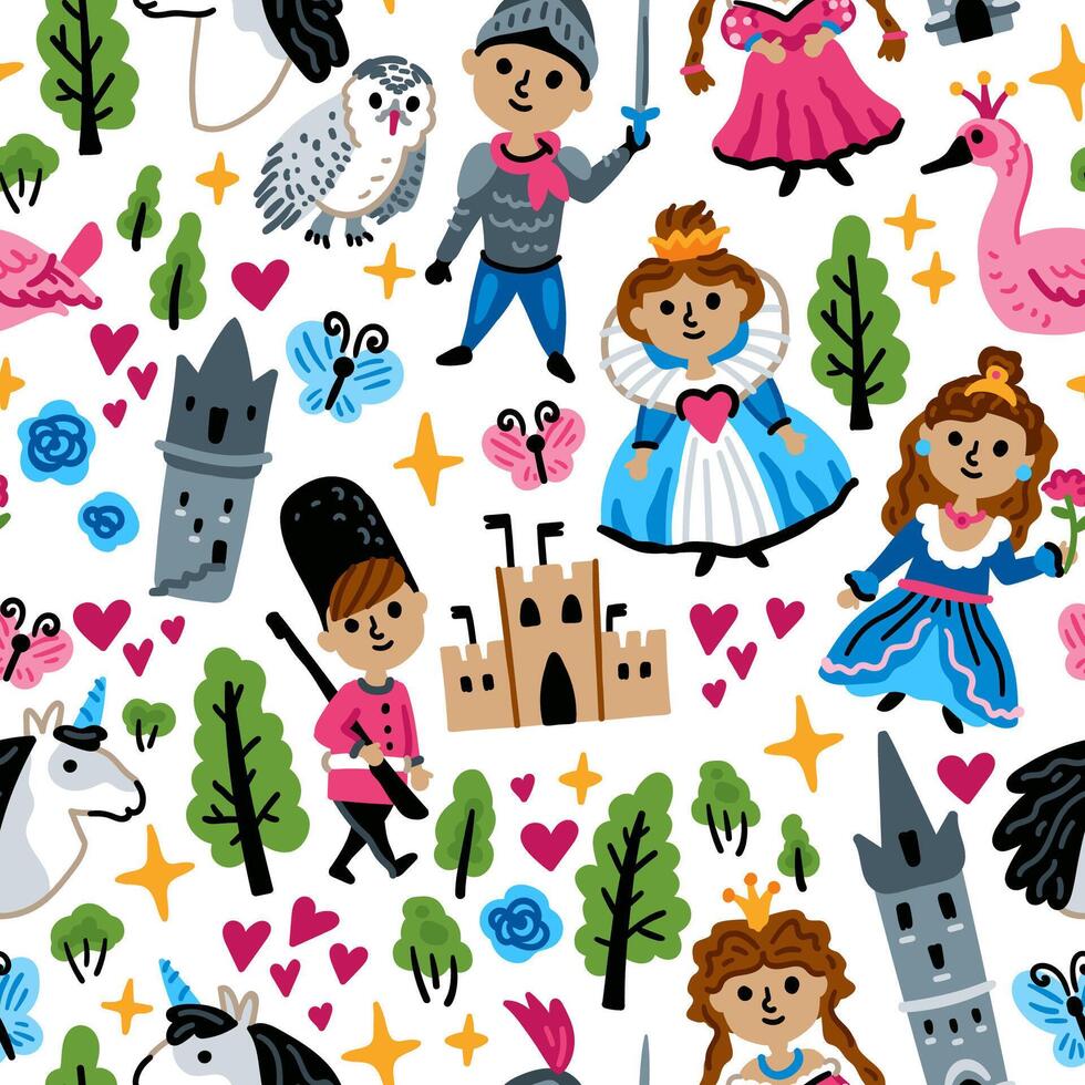 Bright children seamless pattern with fairy tale characters. Middle Ages magic legends Kingdom elements. Childish background. Princess, Knight, and unicorn, fairy, Wizard and Dragon vector