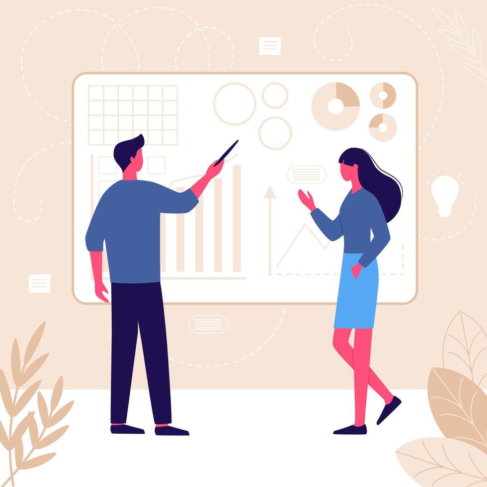 illustration of a man and woman discussing charts on a whiteboard. Concept of teamwork, data analysis, business planning, marketing, corporate training. vector