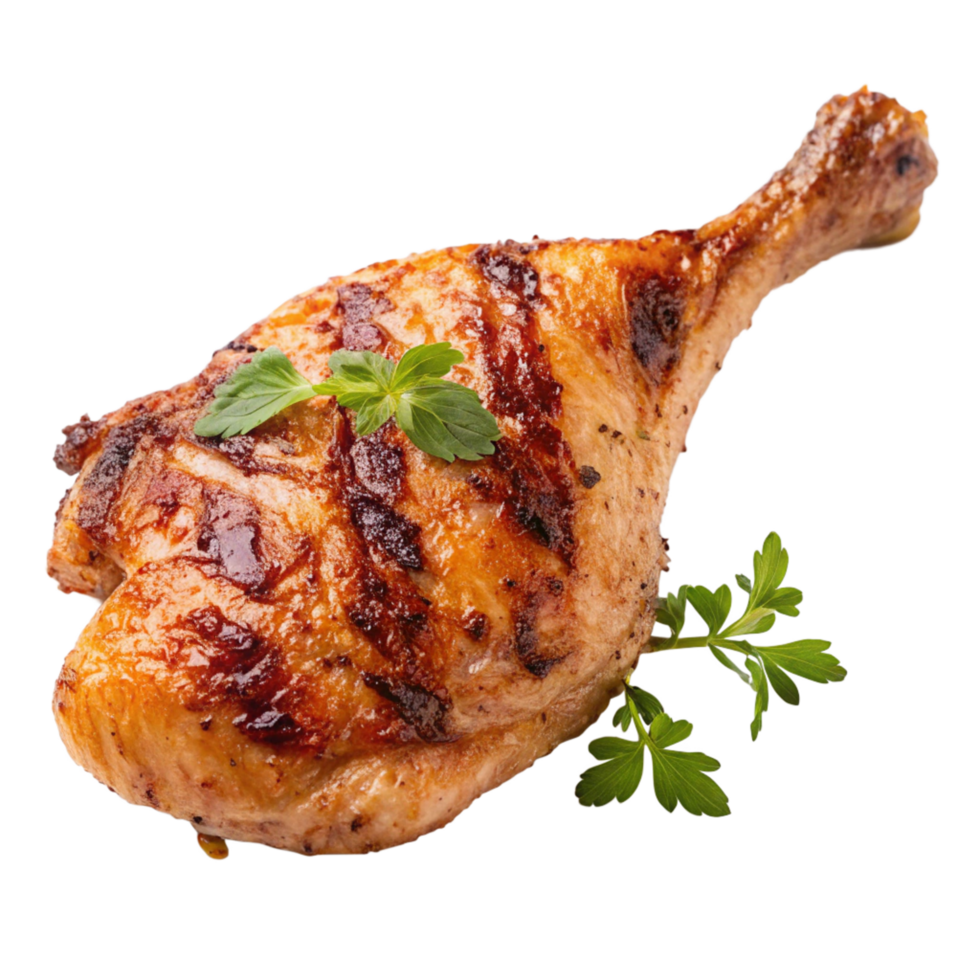 Delicious Grilled Chicken Leg with Parsley Garnish A savory and succulent piece of roasted chicken leg, perfectly grilled to golden brown, garnished with fresh parsley png