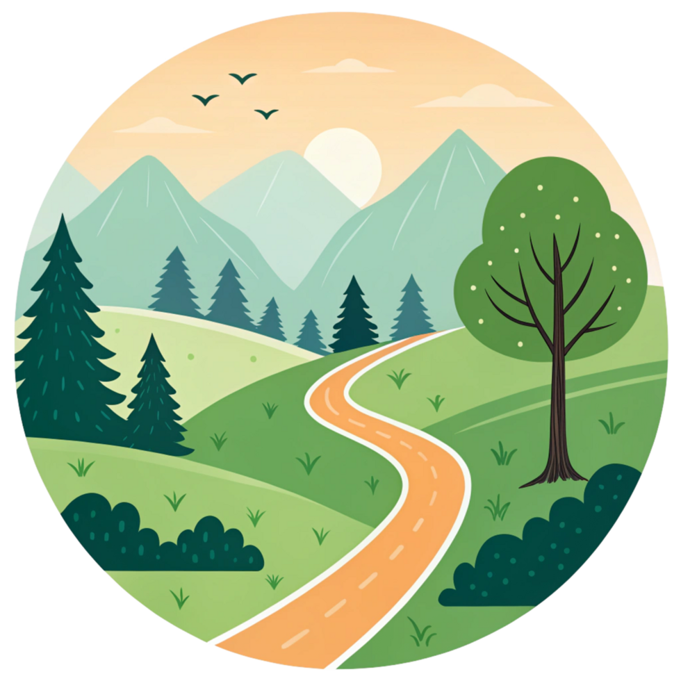 Serene landscape with winding road through green hills and mountains under a sunset sky png