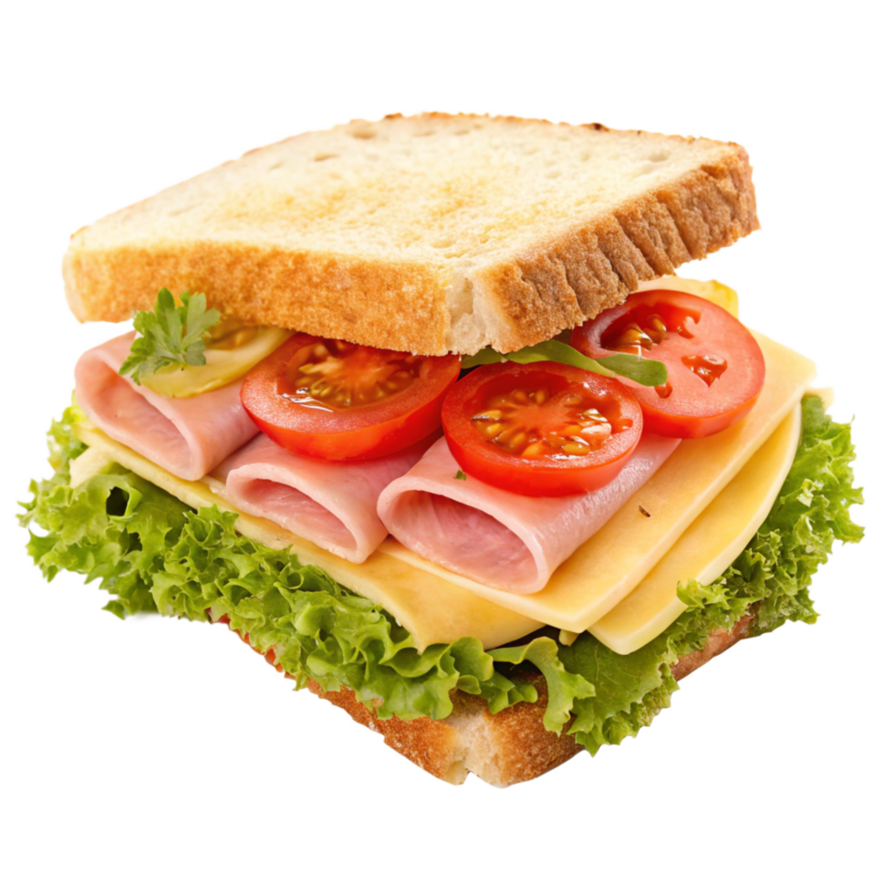 Delicious Ham and Cheese Sandwich with Fresh Tomatoes and Lettuce on Toasted Bread png
