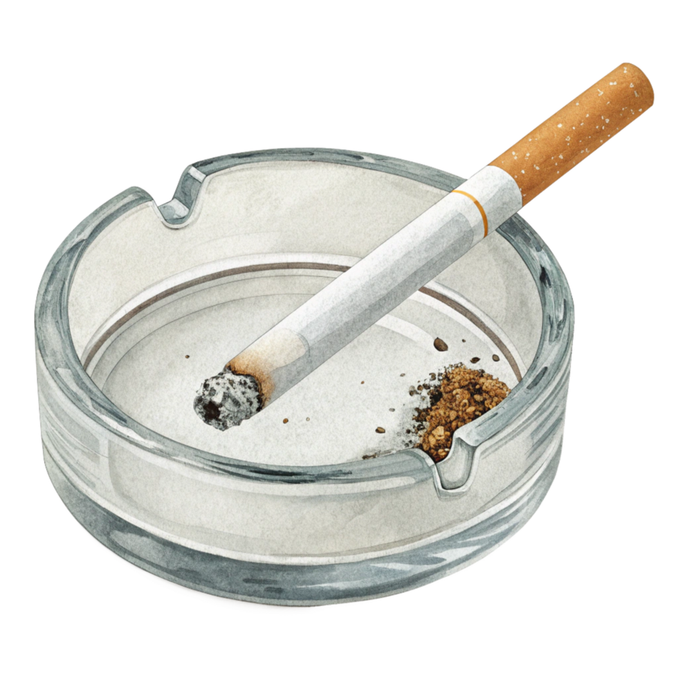 A Watercolor Painting of a Cigarette in a Glass Ashtray with Ashes png
