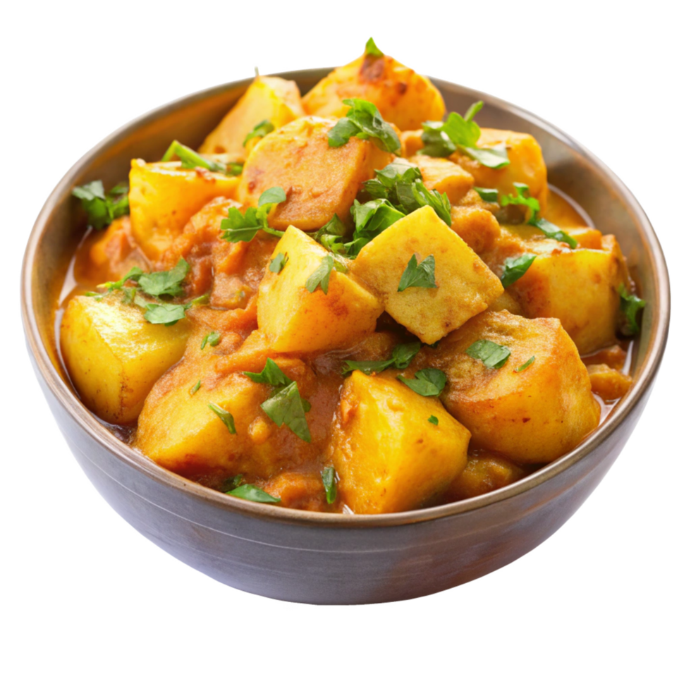 Delicious and Aromatic Potato Curry in a Rustic Bowl a vibrant and flavorful Indian dish png