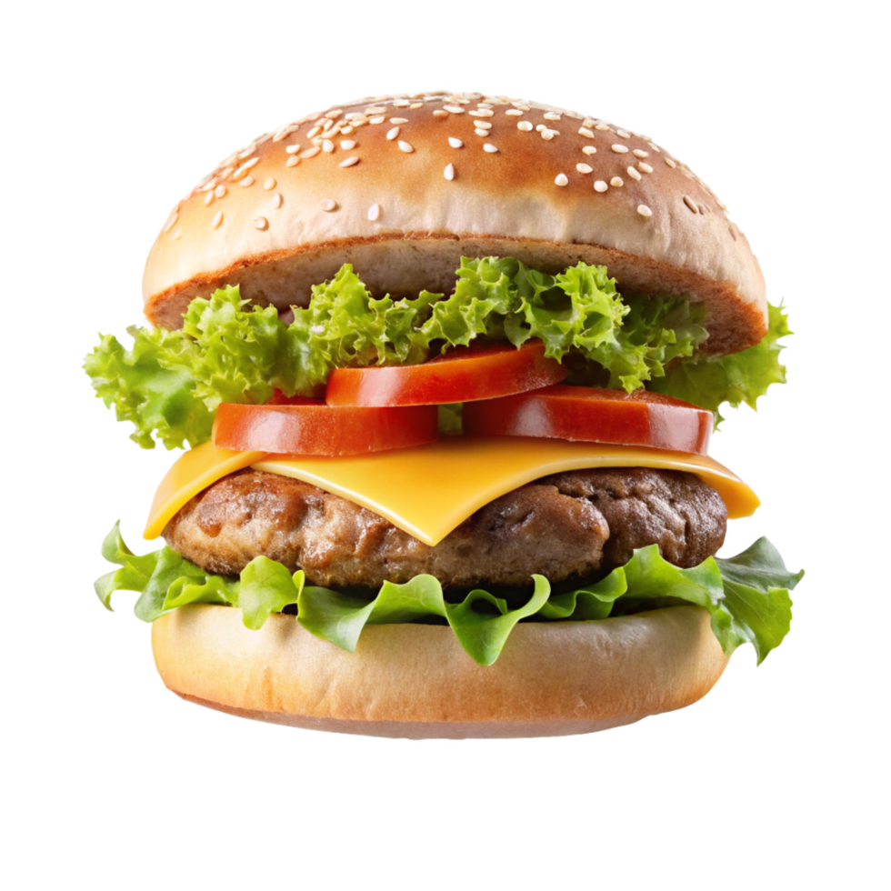 Juicy Cheeseburger with Sesame Seed Bun Lettuce and Tomato Slices png