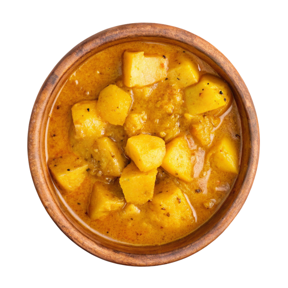Delicious Golden Potato Curry in a Rustic Wooden Bowl, Top View png