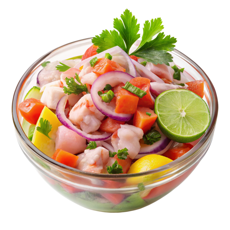 Refreshing Peruvian Ceviche Salad in Glass Bowl with Lime and Parsley Garnish png