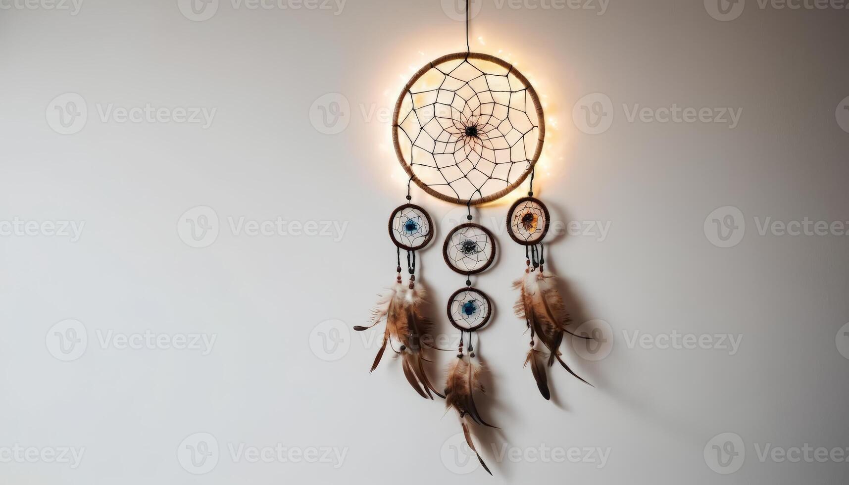 Dreamcatcher with lights and feather ornaments hanging on a neutral wall. The image captures the intricate design of the web and beads within the dreamcatcher hoops, evoking a sense of photo