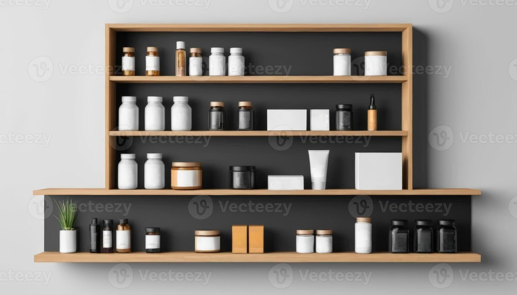 A modern shelf displays various skincare and health products, showcasing a minimalist design with a neutral background. photo