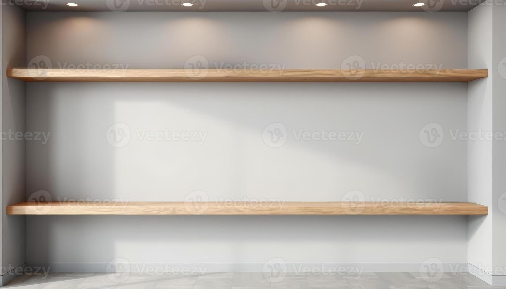Minimalist empty shelves on a wall, illuminated by soft lighting. Perfect for interior design concepts, retail displays, or modern architectural projects. photo