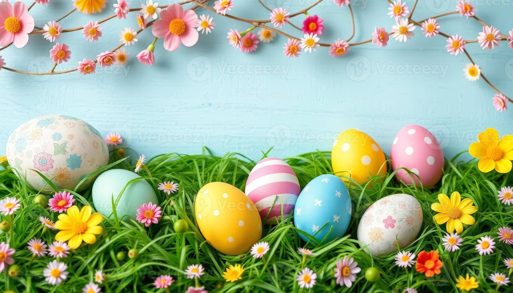 Vibrant Easter eggs, each with unique patterns, are placed among lush green grass and spring flowers. Delicate pink blossoms hang above, adding to the festive atmosphere. photo