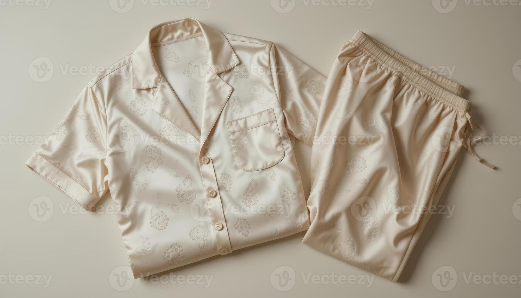 Cream satin pajamas set featuring a short-sleeve shirt with buttons and matching pants. The smooth, elegant fabric with a subtle pattern offers a luxurious feel ideal for comfortable photo
