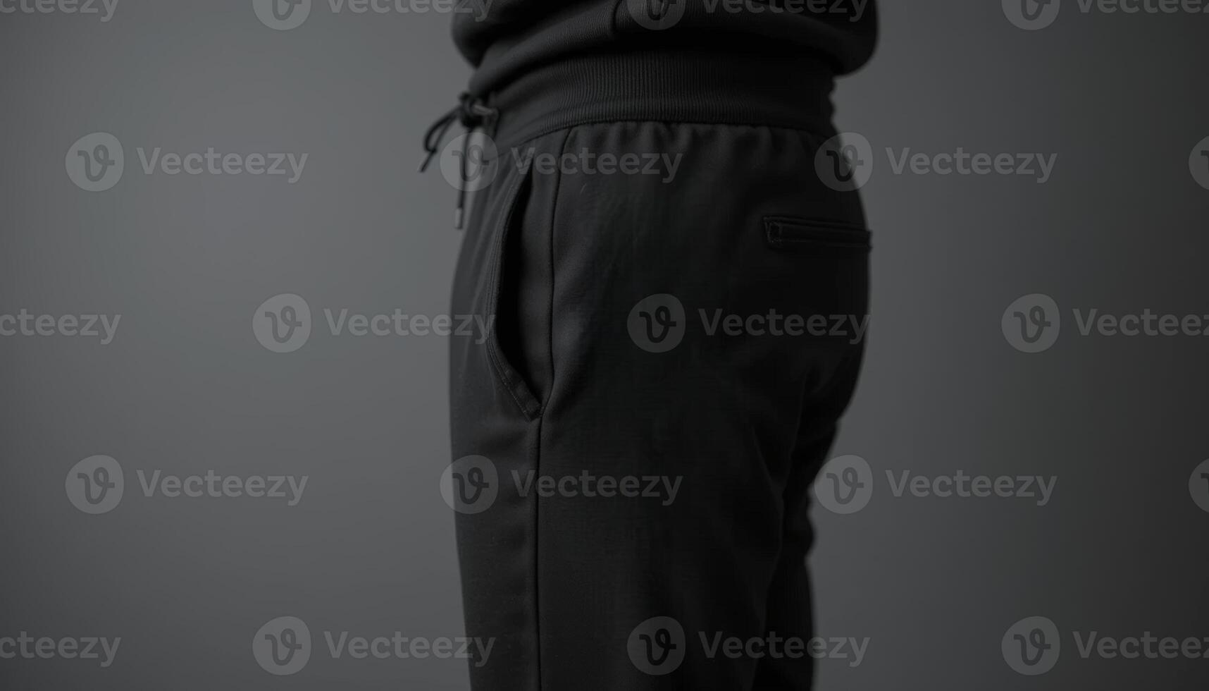 Side view of a person wearing stylish black joggers with a drawstring waist, showcasing modern casual fashion. The image highlights comfortable and trendy clothing design. photo