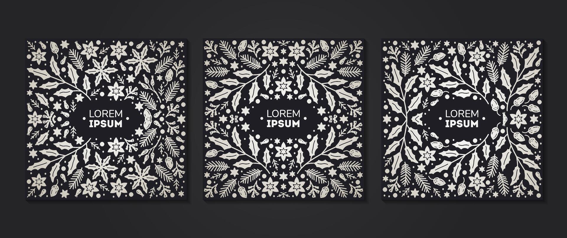 Set of silver on black 3 square cards or posters of holly branches, poinsettia vector