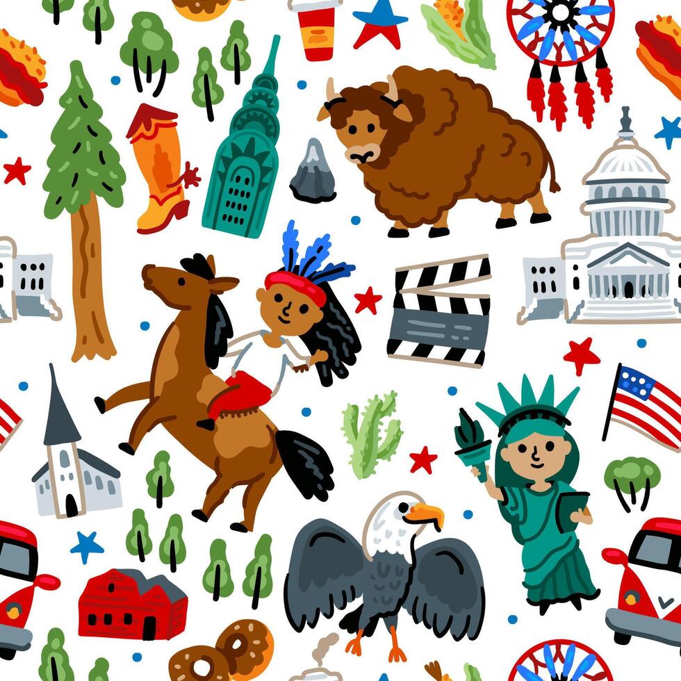 Bright cheerful children seamless pattern with symbols of the United States of America. July 4. American Indian, statue of liberty, eagle, bison. USA landmarks. Childish travel background vector
