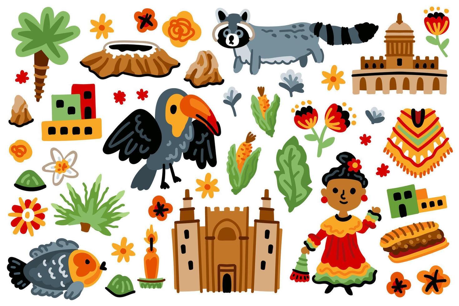 Set of Latin American elements. Symbols of Mexico. Nature, animals, characters, objects. For maps and children's designs. Travel landmarks illustrations. Cartoon style. Childish artwork vector
