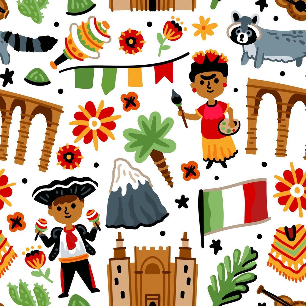 Bright cheerful children seamless pattern with symbols of Mexico, Mexican, cactus, toucan, national costumes, flowers vector