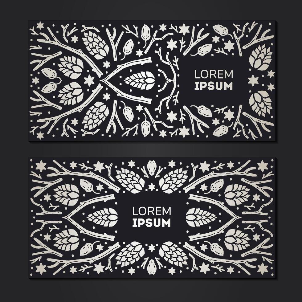 Set of silver on black two flyers of holly branches, cones vector