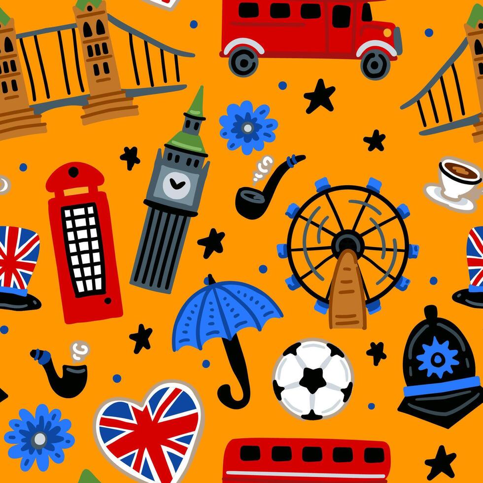 Bright children seamless pattern with symbols of Great Britain, watch, phone, umbrella vector