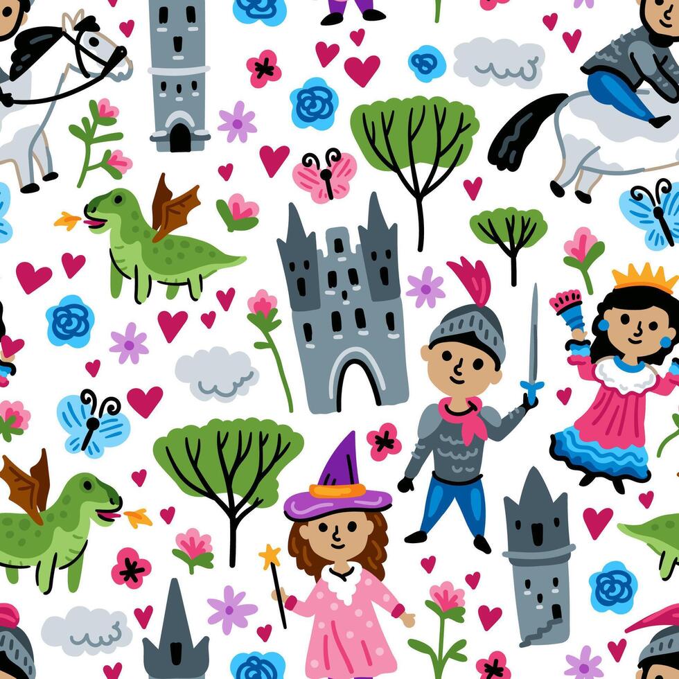 Bright seamless pattern with fairy tale characters. Middle Ages legends Kingdom elements. Childish background. Princess, Knight, Castle and unicorn and Dragon vector