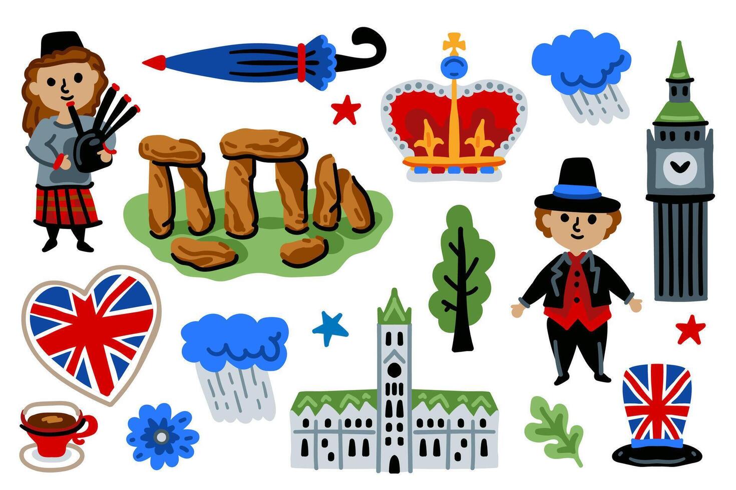 London set, United Kingdom Cartoon Icons Design Travel Concept. Red bus, castle, umbrella, crown vector
