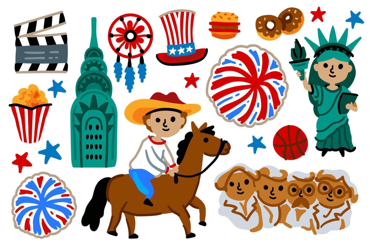 Symbols of USA. Statue of Liberty, Mount Rushmore, flag, cowboy. For maps and children designs. Travel landmarks illustrations. Cartoon style. Childish. July 4th. Set of Independence Day American vector
