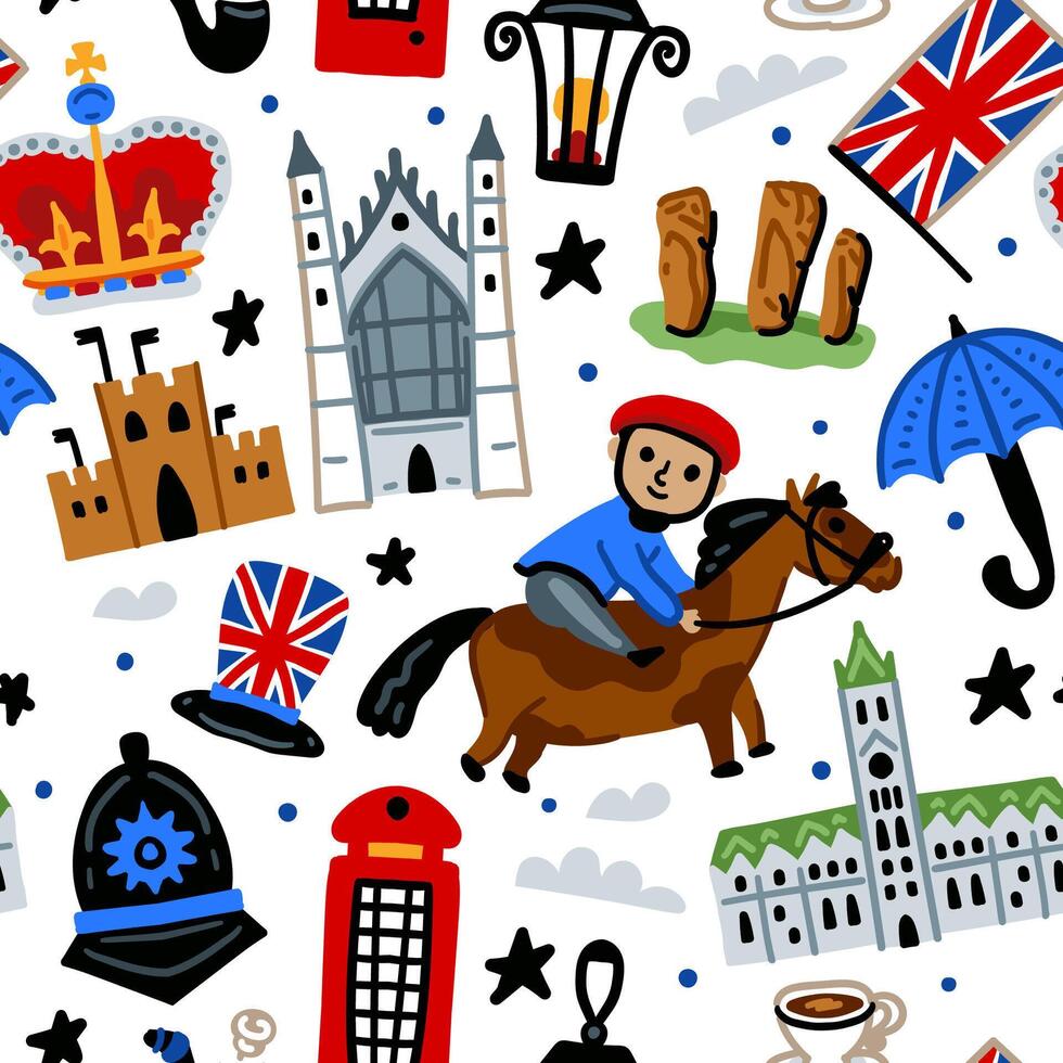 Bright children seamless pattern with symbols of Great Britain. Guards, telephoneman, vector