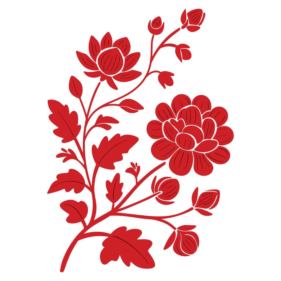 Asian flower simple hand drawn silhouette illustration in style of ancient Chinese or Japanese art. Red floral branch with blooms isolated on white background vector