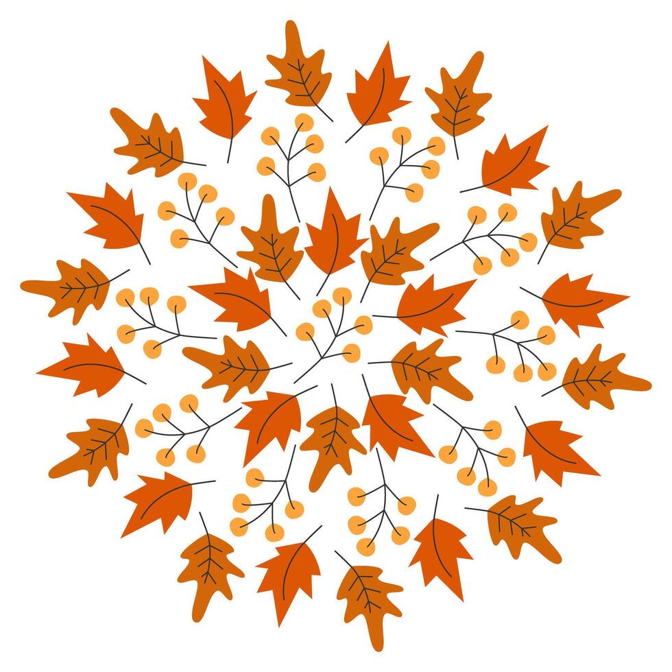 Autumn leaves and twigs Circular Frame border Thanksgiving Day Greeting Background Texture concept. Isolated illustration Thematic Invitations cards, leaflet, price, label or web promo banner vector
