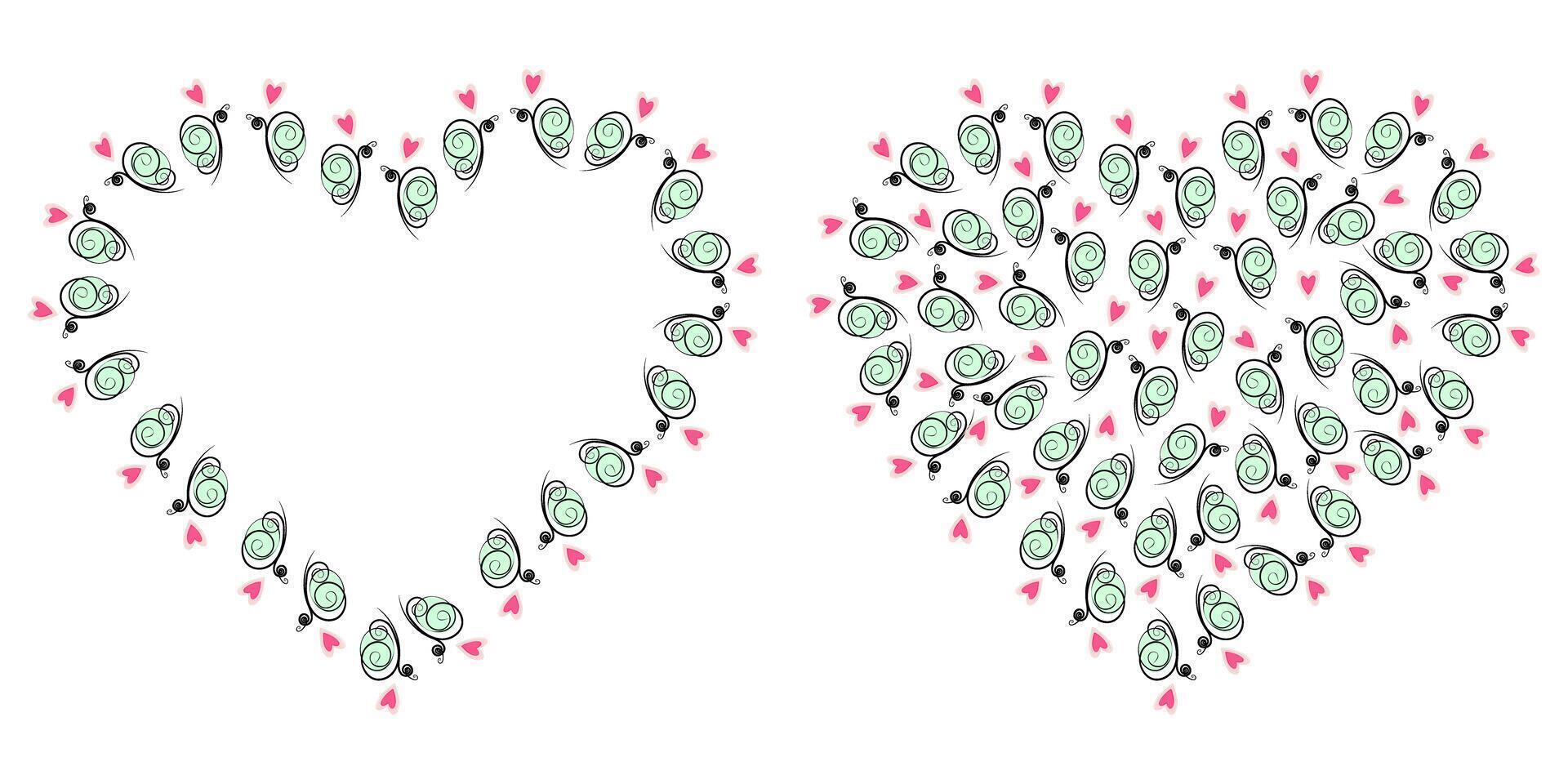 Hearts Butterflies Shape Heart Frame border Copy space and filled Background Texture Template Set 2. Isolated illustration Thematic Cards, poster, leaflet, banner, greetings, price or web promo vector