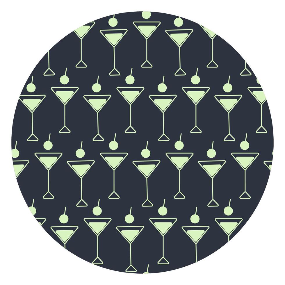 Martini Glasses Cocktail Circular Background Texture Neon light green on dark Bartender Day Backdrop. Isolated illustration Thematic Menu Cards Wallpaper, posting or web promo banner, leaflets vector