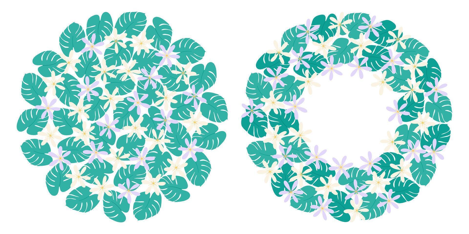 Freehand Monstera leaves Abstract Multicolored Flowers Circle Background Frame border Template Set 2. Isolated illustration Greeting Invitation Cards, poster, price, label or web promo leaflets vector