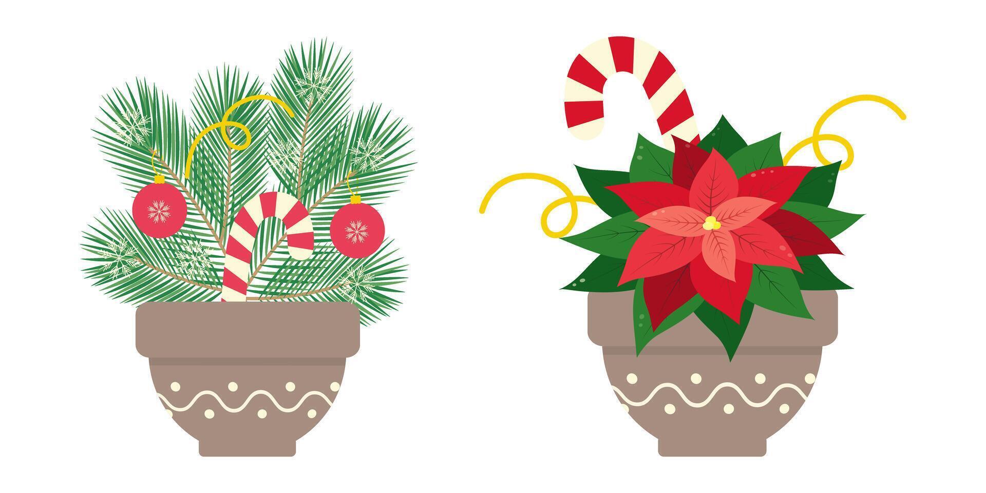 Pine tree twigs Snowflakes Poinsettia Candy Cane Mocha Mousse flower pot Christmas composition Set 2. Isolated illustration Thematic New Year Cards or web promo banner, leaflets, print material vector