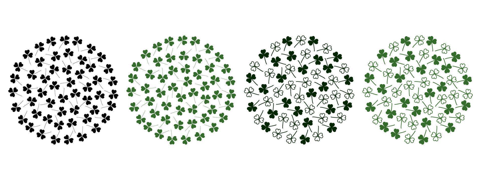 Silhouette Outline Shamrocks Circular Background Monochrome green St Patrick Day Greeting fond Set 4. Isolated illustration Thematic Cards, poster, price tag, label or web promo leaflet, banner vector
